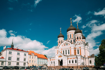 Fototapeta na wymiar Tallinn, Estonia. Alexander Nevsky Cathedral. Famous Orthodox Cathedral. Popular Landmark And Destination Scenic. UNESCO World Heritage Site