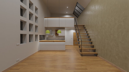 Empty Open Plan House with a Mezzanine Floor at Night 3D Rendering
