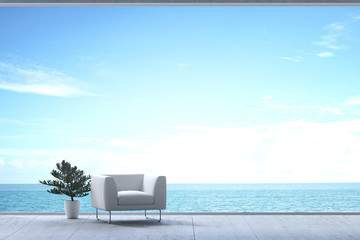 Fototapeta na wymiar 3D Rendering : illustration of soft couch sofa in wide window glass view living room interior. sea view living room. modern loft cement concrete building room. rest area of family. sofa and pillow.