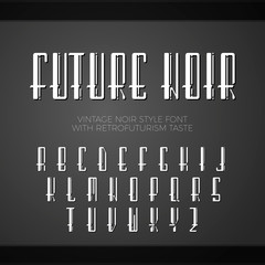 Vector font. Vintage noir style font, with taste of retrofuturism. Long letters with shadows.