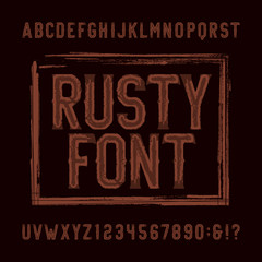 Rusty alphabet font. Distressed retro letters and numbers. Vector typescript for your typography design.