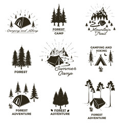 Set of vintage camping and outdoor adventure emblems, logos and badges. Camp tent in forest or mountains. Camping equipment. Summer camp with design elements. Vector illustration.