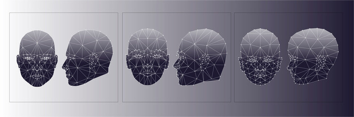 Face Recognition Biometric Scanning System Concept Abstract Tech background Low Polygon face: masculine, feminine and childish, full face and profile. Scanning Template Background Vector Illustration