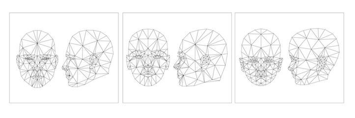 Face Recognition Biometric Scanning System Concept Low Polygon face: masculine, feminine and childish, full face and profile. Scanning Template Background Vector Illustration isolated on white