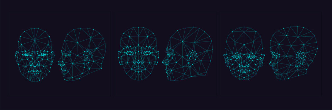 Face Recognition Biometric Scanning System Concept Abstract Tech background Low Polygon face: masculine, feminine and childish, full face and profile. Scanning Template Background Vector Illustration