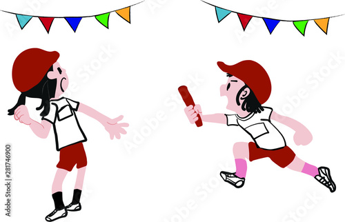 運動会 リレーのバトンを渡す女の子 イラスト Stock Photo And