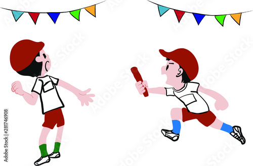運動会 リレーのバトンを渡す女の子 イラスト Stock Photo And