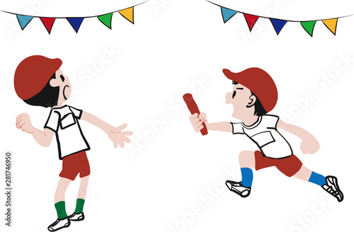 運動会 リレーのバトンを渡す女の子 イラスト Stock Photo And