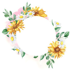 Beautiful floral hand drawn watercolor bouquet illustration, bunch of yellow flowers with daisies and eucalyptus isolated with empty white. Can be used for invitations or wedding design.