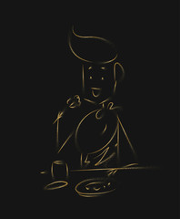 Man having dinner in a restaurant - Office, Line art vector illustration.