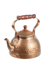 ancient copper moroccan tea pot on white background