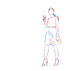 Happy woman showing victory sign - Flat Line art Vector Design.