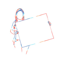 Girl holds a white sheet in hands, Flat Line Art Vector Design.