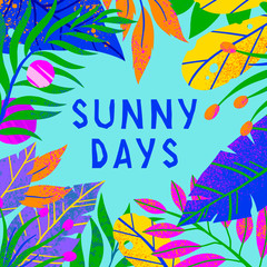 Obraz premium Summer vector illustration with bright tropical leaves,flowers and elements.Multicolor plants with hand drawn texture.Exotic background perfect for prints,flyers,banners,invitations,social media.