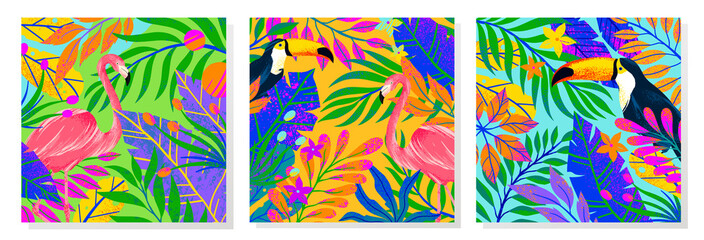 Set of summer vector illustrations with tropical leaves,toucans and flamingo.Multicolor plants with hand drawn texture.Exotic backgrounds perfect for prints,flyers,banners,invitations,social media