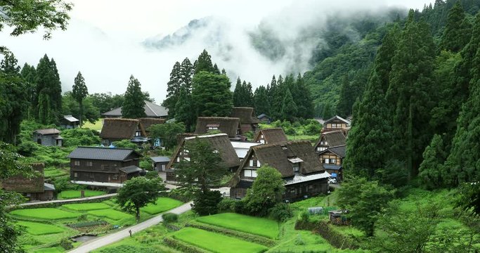 View of buildings in valley,&nbsp;Ainokura,&nbsp;Nanto,&nbsp;Toyama&nbsp;Prefecture, Japan