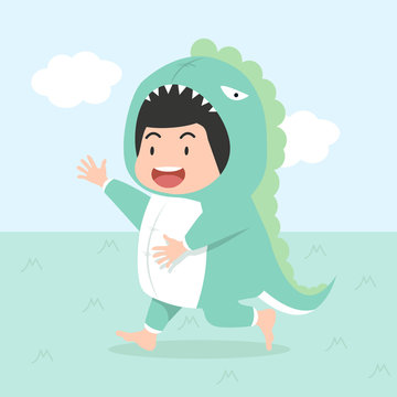 Cute Boy  Wearing Dinosaur Costume