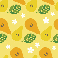 Seamless background with decorative yellow Pears. Harvest. Summer garden. Vector illustration. Can be used for wallpaper, textile, invitation card, wrapping, web page background.