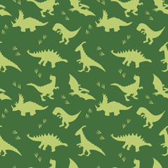 Green seamless pattern with dinosaurs silhouettes