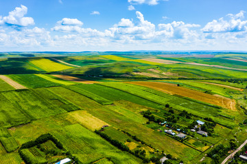 Aerial view Romania rural region. Farming lands Europe