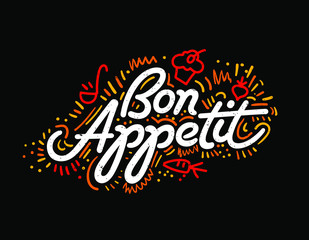 Bon appetit. Food Poster Print Lettering. Lettering kitchen cafe restaurant decoration. Hand drawn vector illustration. 