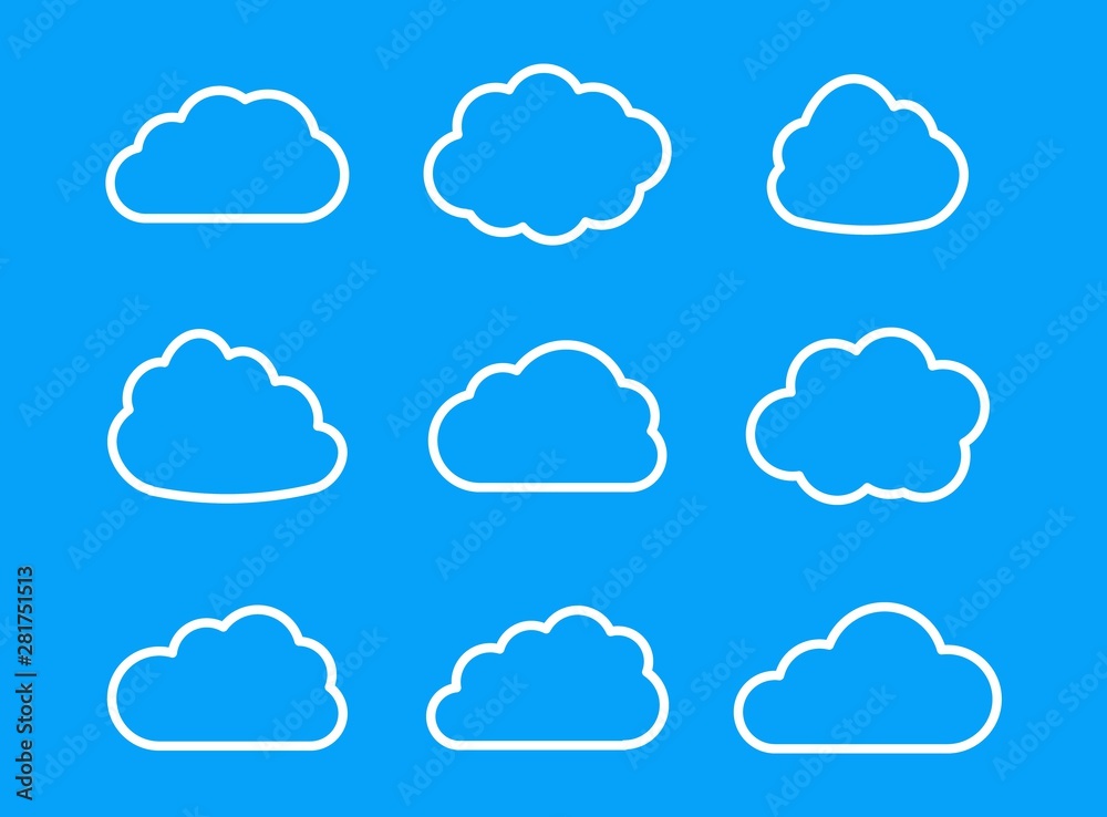 Poster Vector set of clouds isolated on blue background. Cloud signs for use in the design of the weather forecast interface, for the creation of paper stickers and more.