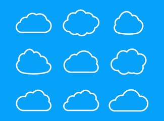 Vector set of clouds isolated on blue background. Cloud signs for use in the design of the weather forecast interface, for the creation of paper stickers and more.