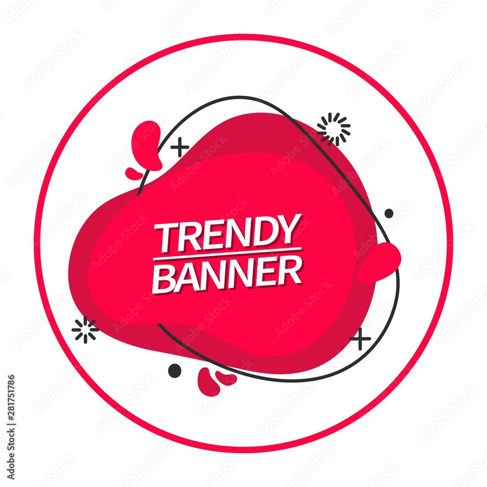 Poster bright, red liquid shape banner in memphis style for use in ad, marketing, web and print. vector tre