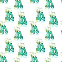illustration of watercolor pattern green shoes and bouquet of white flowers