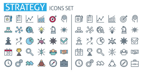 Strategy icons set. For Productivity Business app, Marketing, analysis, goal, management poster