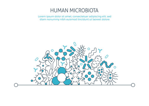 Human microbiota banner. For medical Biology landing page app icons, bacterial flora pathogen, germ
