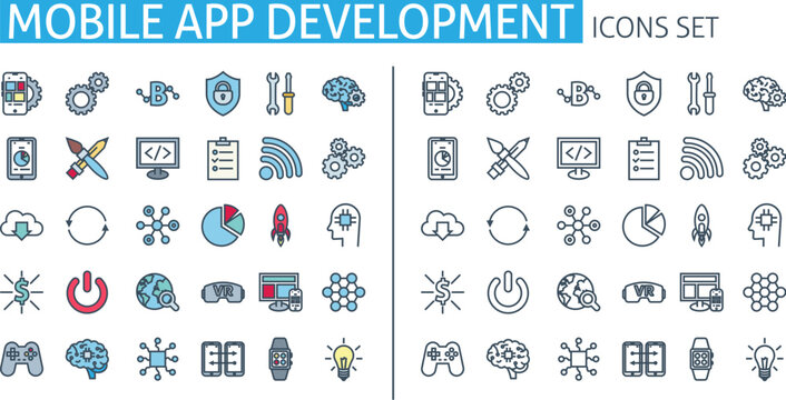 Mobile app development icons set. For Smartphone user interface, website, Software API, Seo poster
