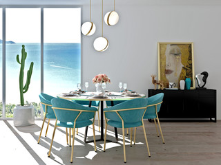 A modern, luxurious, industrial style dining area. 3d Rendering