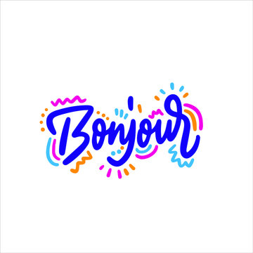 Bonjour card or poster. Hello Paris phrase in french. Modern brush calligraphy. Isolated on white background. Ink illustration 