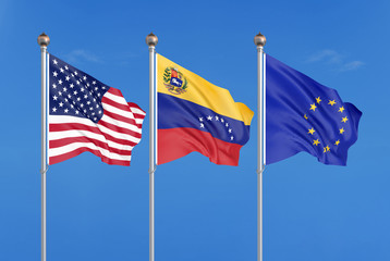 Three colored silky flags in the wind: USA (United States of America), EU (European Union) and Venezuela. 3D illustration.