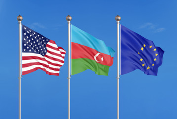 Three colored silky flags in the wind: USA (United States of America), EU (European Union) and Azerbaijan. 3D illustration.