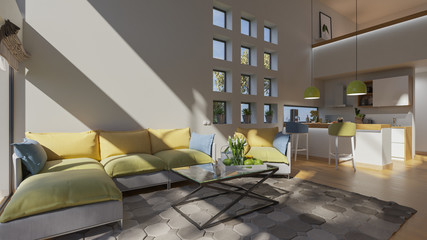 Open Plan Kitchen and Living Room with Wall Niches in Broad Daylight 3D Rendering