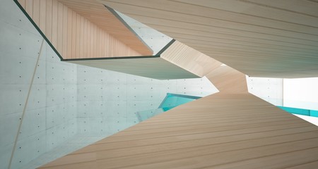 Abstract  concrete and wood interior  with window. 3D illustration and rendering.