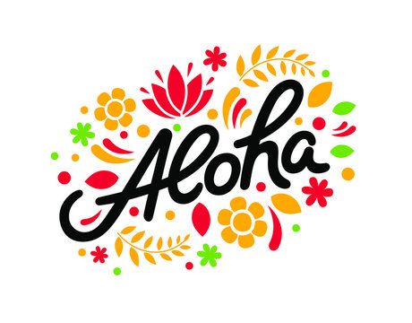 Aloha hand lettering, custom writing letters isolated on white background, Hawaiian language greeting typography, vector type design illustration.