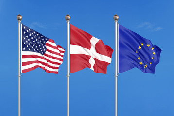 Three colored silky flags in the wind: USA (United States of America), EU (European Union) and Denmark. 3D illustration.