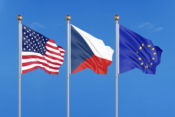 Three colored silky flags in the wind: USA (United States of America), EU (European Union) and Czech Republic. 3D illustration.