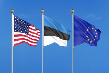 Three colored silky flags in the wind: USA (United States of America), EU (European Union) and Estonia. 3D illustration.