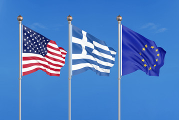 Three colored silky flags in the wind: USA (United States of America), EU (European Union) and Greece. 3D illustration.