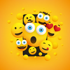 Various Smiling Happy Yellow Emoticons in Front of a Smartphone Screen on a Yellow Background, Vector Concept Illustration