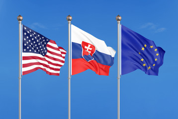 Three colored silky flags in the wind: USA (United States of America), EU (European Union) and Slovakia. 3D illustration.