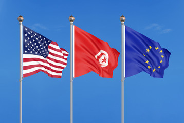 Three colored silky flags in the wind: USA (United States of America), EU (European Union) and Tunisia. 3D illustration.