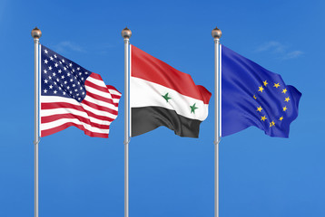 Three colored silky flags in the wind: USA (United States of America), EU (European Union) and Syria. 3D illustration.