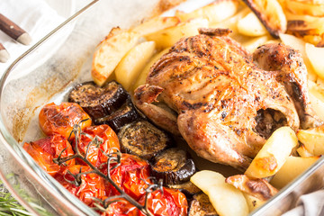 Baked whole chicken with potatoes, eggplant and cherry tomatoes. healthy dinner