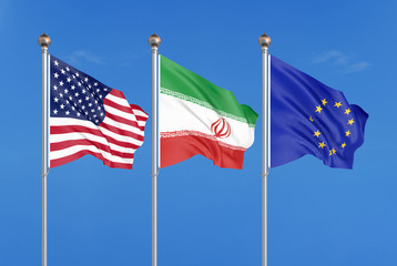 Three colored silky flags in the wind: USA (United States of America), EU (European Union) and Iran. 3D illustration.