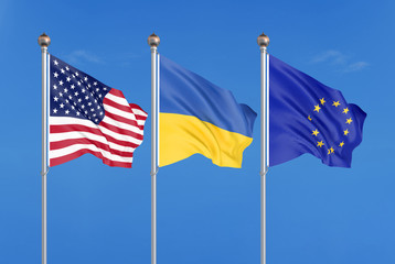 Three colored silky flags in the wind: USA (United States of America), EU (European Union) and Ukraine. 3D illustration.